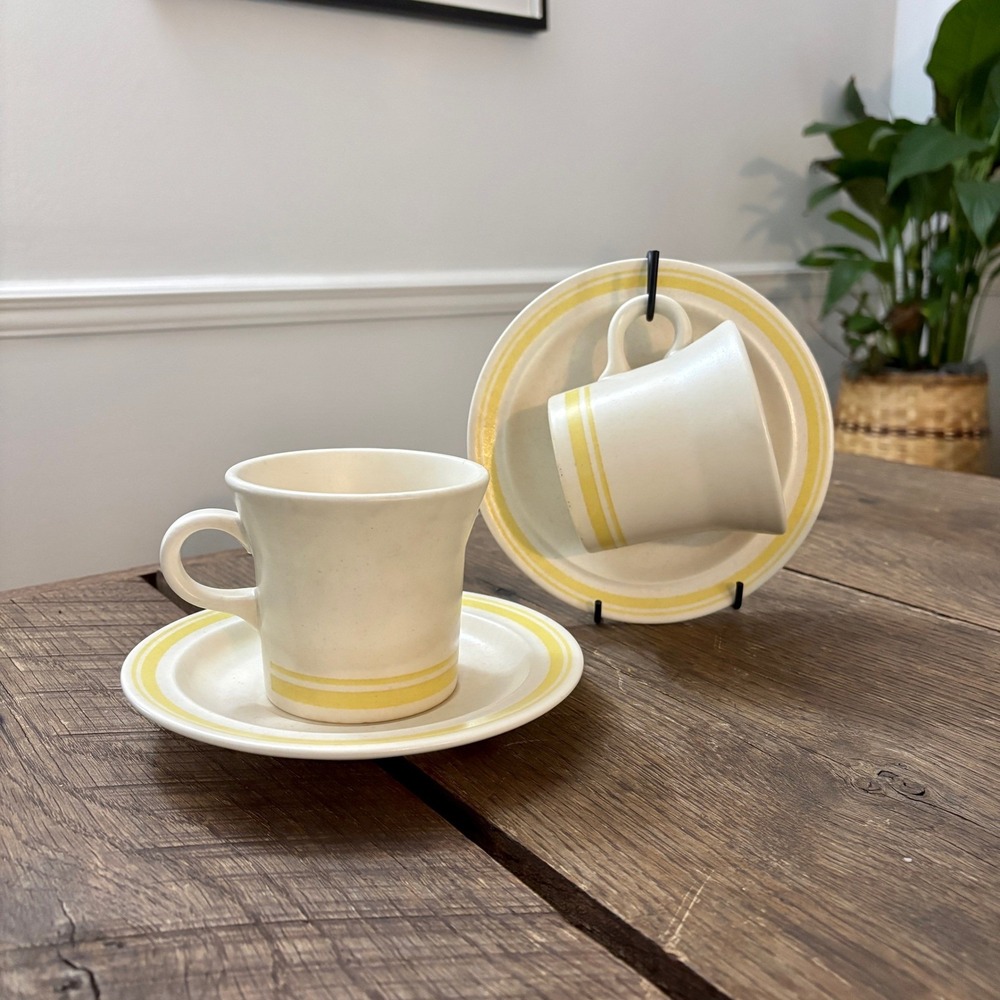 Vintage‎ USA Cream Yellow Banded Coffee Cup & Saucer Set MCM